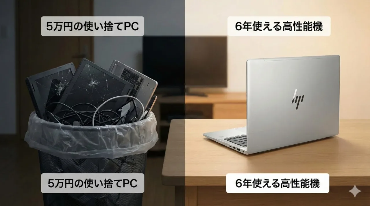 壊れた5万円の安物パソコンが捨てられたゴミ箱と、6年使える高性能パソコン（HP OmniBook）が並んだ比較写真。明暗のコントラストで耐久性の違いを強調。