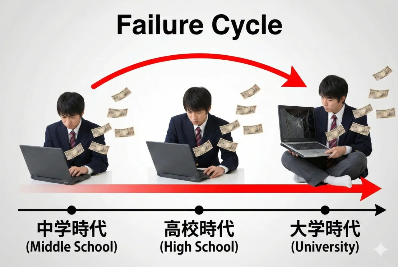 中学、高校、大学と進むごとに安物PCが壊れて買い替え、お金が飛んでいく「失敗のサイクル」を示す図。