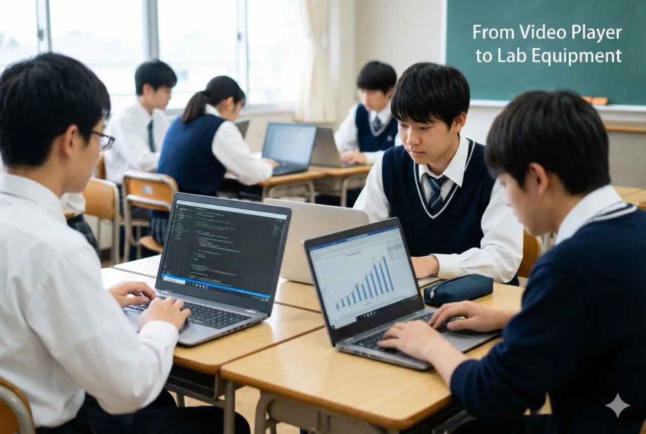 高校の教室で、生徒たちがパソコンを使ってプログラミングやデータ分析に取り組んでいる様子。「動画プレイヤーから実験器具へ」という意識変化を象徴。
