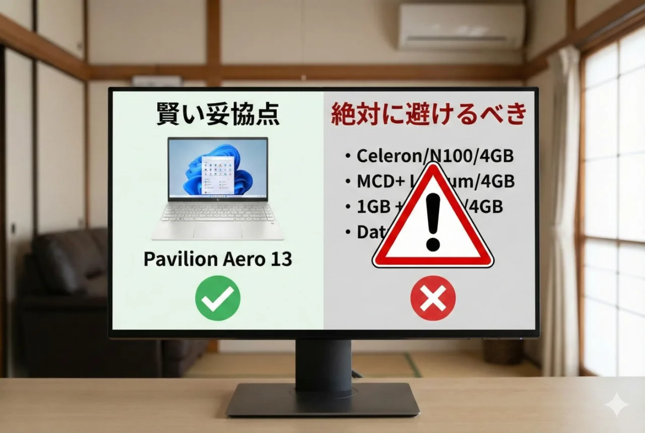モニター画面に表示されたパソコンのスペック比較表。「賢い妥協点」としてPavilion Aero 13が、「絶対に避けるべき」としてCeleronなどの低スペックが警告マークと共に示されている。
