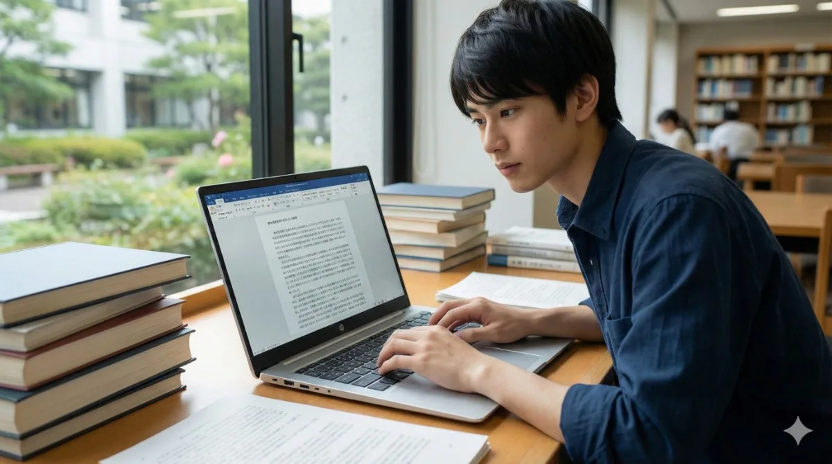 大学の図書館で、山積みの本に囲まれながらHP OmniBookを使って真剣にレポートを作成している文系男子大学生の様子。