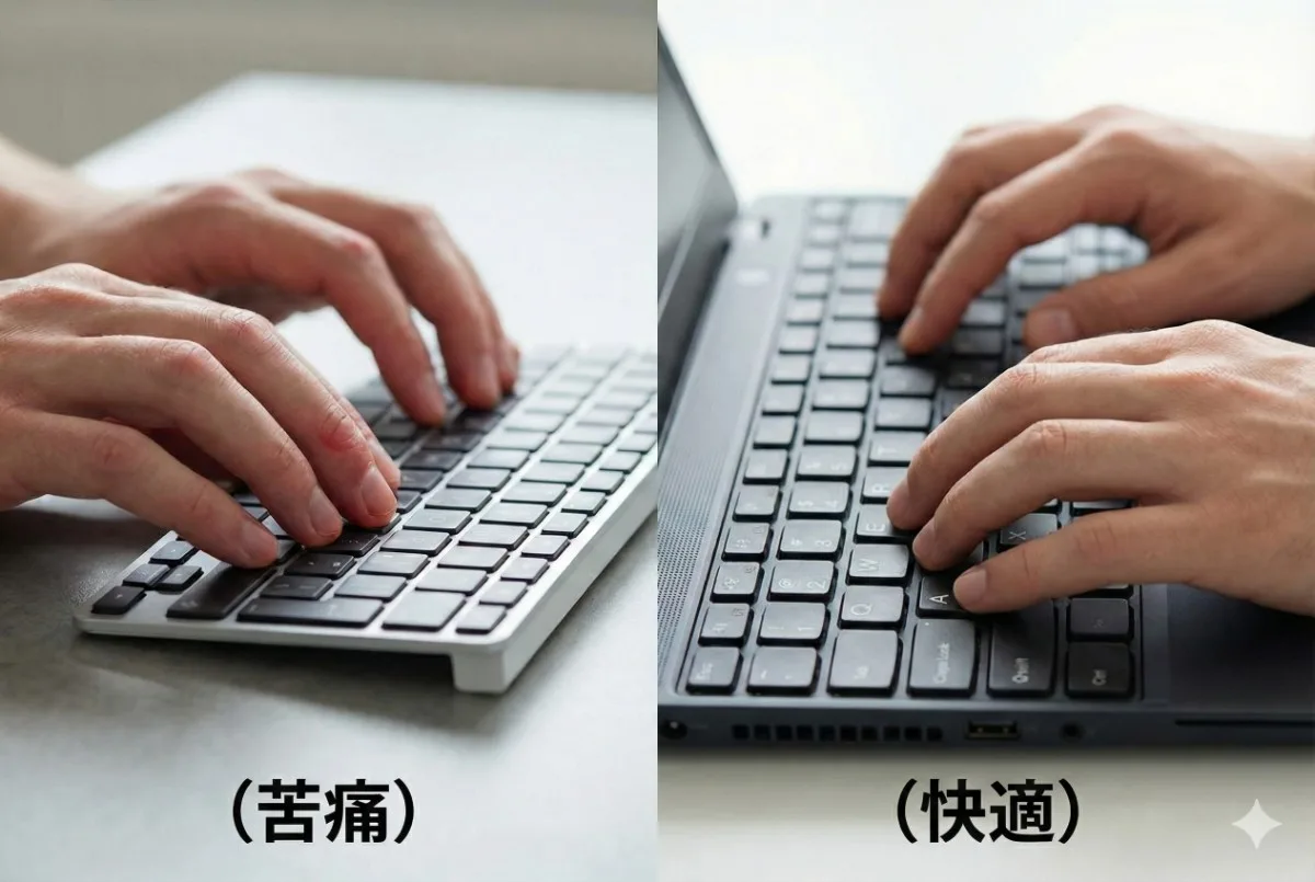 左側の薄くて打ちにくそうな「Torture（拷問）」キーボードと、右側のOmniBookのような打ちやすい「Comfort（快適）」キーボードの比較写真。