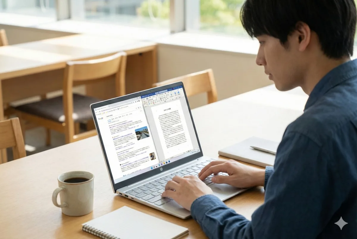 大学のラウンジで、HP OmniBookの画面を分割してブラウザでのリサーチとWordでのレポート作成を同時に行っている文系大学生の様子。