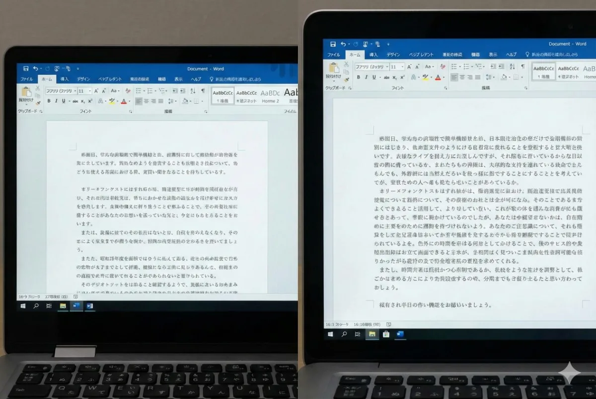 左側の16:9画面と右側の16:10画面でWord文書を表示した比較写真。右側の16:10画面の方が縦に広く、より多くのテキストが表示されている。