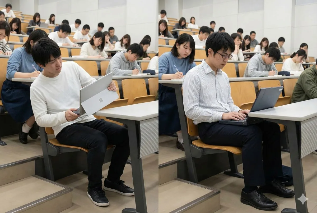 大学の講義室で、左側の学生はSurfaceを膝上で不安定に使っており、右側の学生はノートPCを膝上で安定して使っている比較写真。