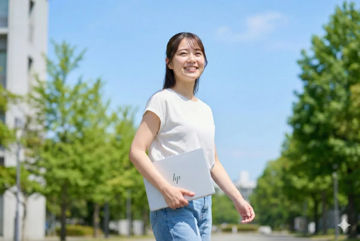 青空の下、日本の大学キャンパスを軽量なHP OmniBook 7を片手で持ち、ストレスから解放された笑顔で軽快に歩くかわいらしい女子大学生の写真。