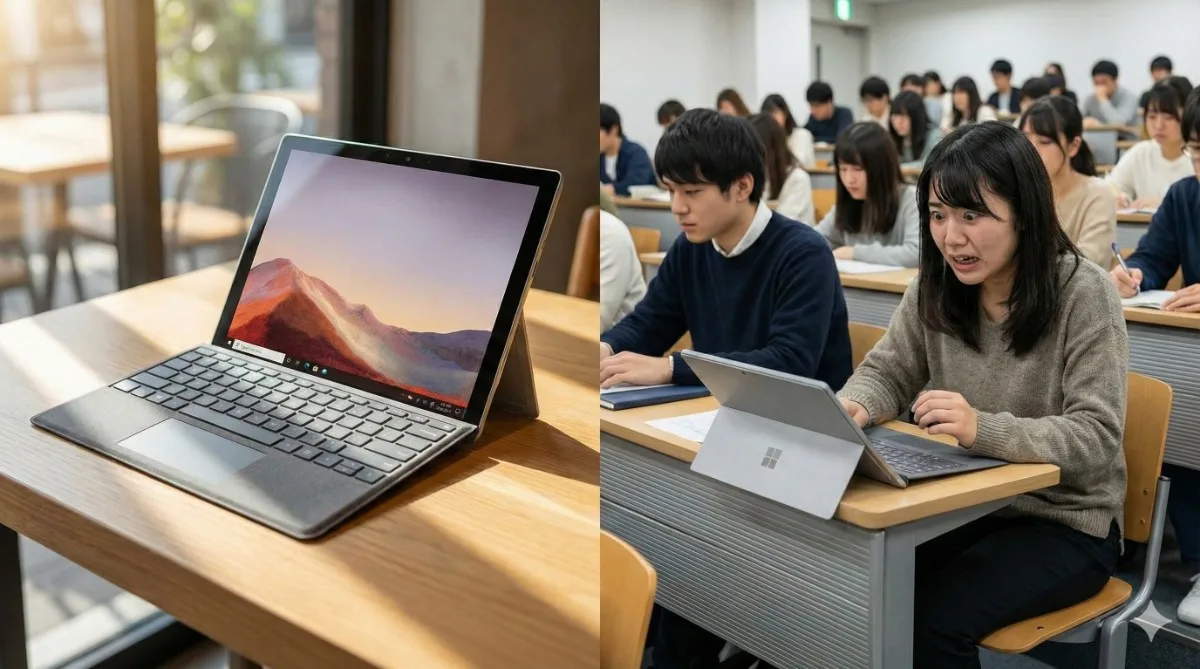 Surface Proの利用シーンの対比写真。左側はカフェの広いテーブルでスタイリッシュに使えている「理想」の様子、右側は大学の狭い講義机でキックスタンドが落ちそうになり、焦っている女子大学生の「現実」の様子。