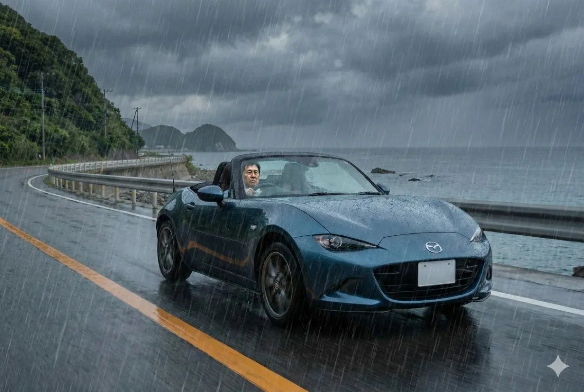 土砂降りの雨の中、海岸線を走るオープンカーでずぶ濡れになり、困惑するドライバーのメタファー写真。Surfaceの「理想と現実の誤算」を表現。