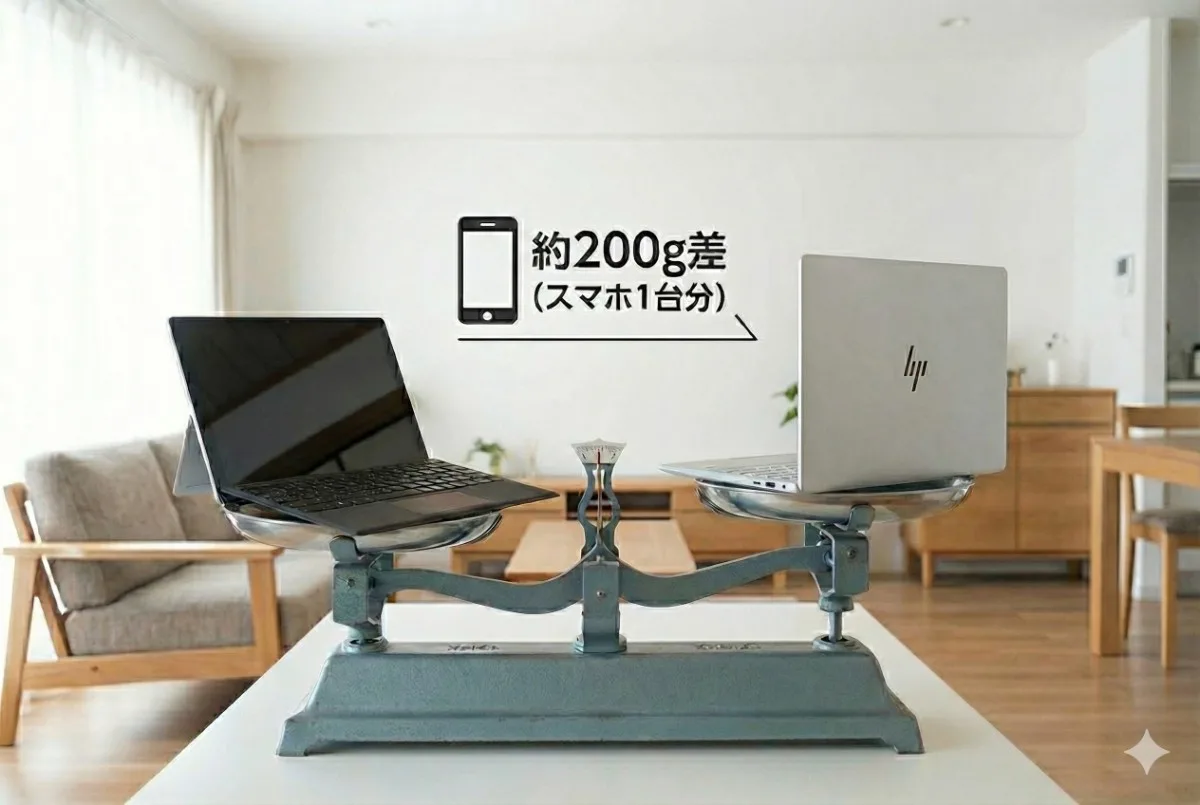 明るいリビングルームで天秤を使い、Surface Pro（キーボード込み）とHPの13型ノートPCの重さを比較する写真。Surfaceの方が重く沈んでおり、「約200g差（スマホ1台分）」というテキストが表示されている。