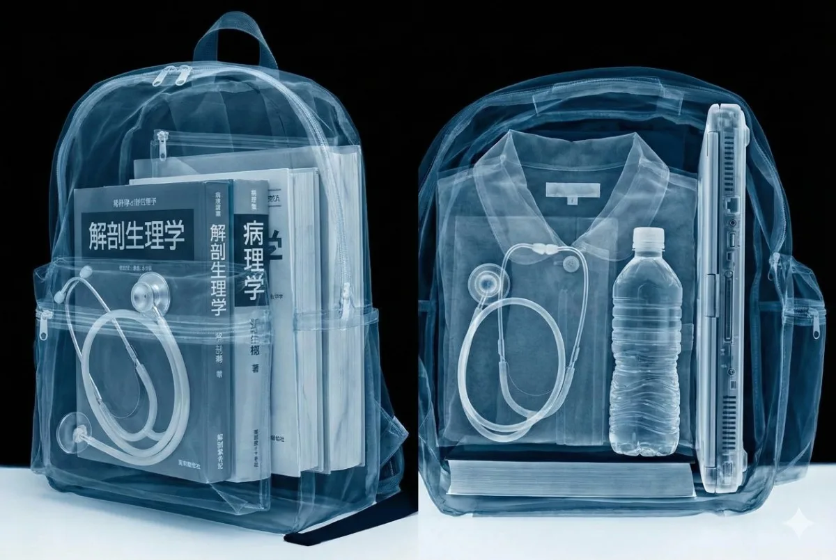看護学生のリュックの中身を示すX線透視画像。「解剖生理学」「病理学」といった分厚い専門書、聴診器、実習着、ペットボトル、そして重そうな旧型ノートPCが詰め込まれている様子。