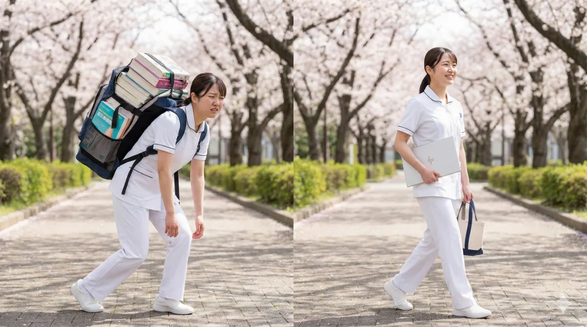 桜並木の通学路で、分厚い医学書が詰まった巨大なリュックを背負い疲弊した看護学生と、薄型のOmniBook 7を小脇に抱え笑顔で軽快に歩く看護学生の比較写真。