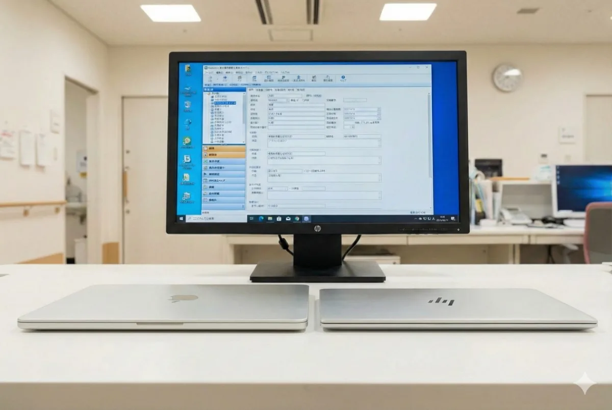 病院のナースステーションのデスク上で、MacBook Air(左)とHP OmniBook 7(右)の厚さを比較した写真。背景のモニターにはWindowsの電子カルテシステムが表示されている。