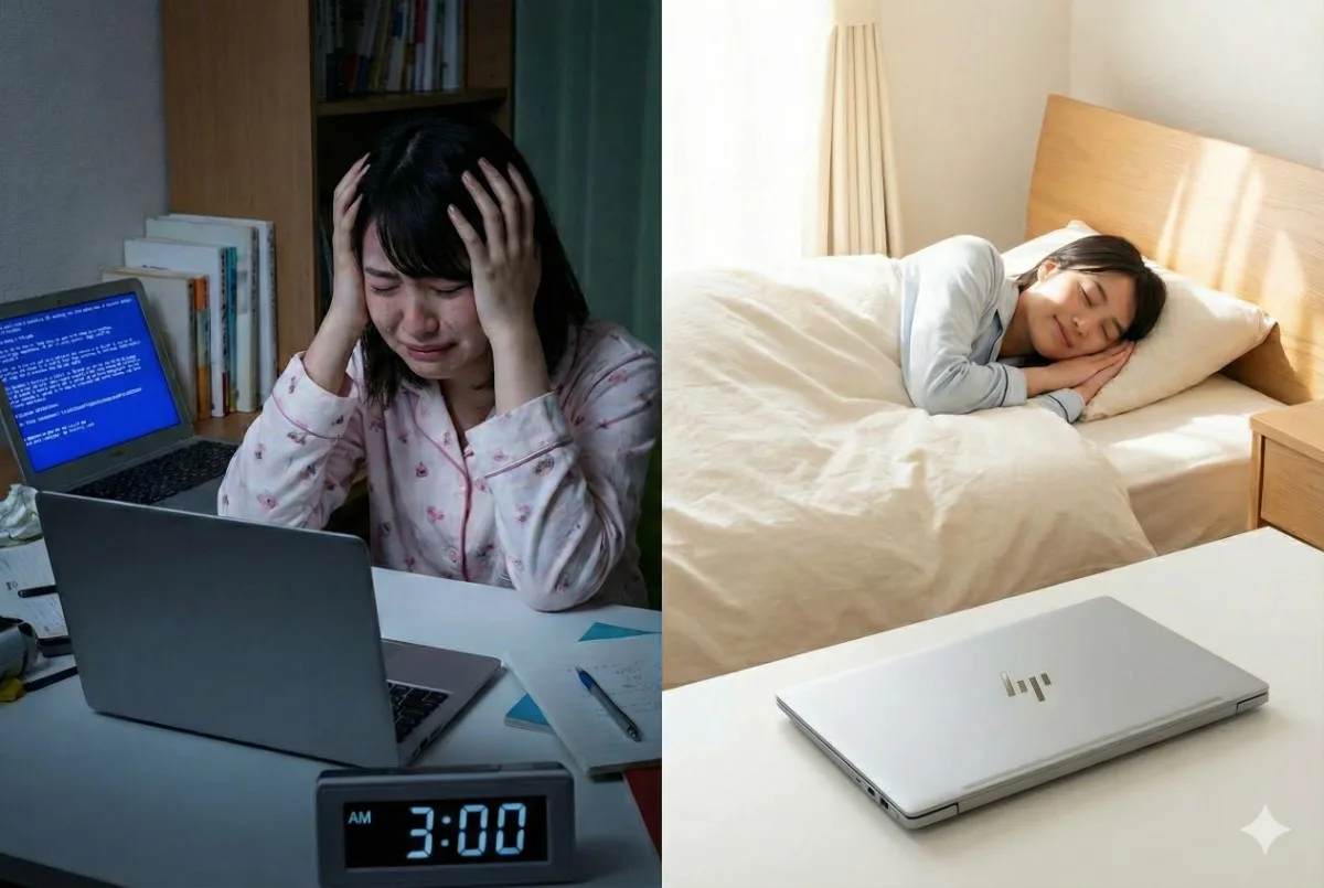 看護学生の睡眠時間を左右するPC選びの比較写真。左側は深夜3時にフリーズした古いPCの前で泣き崩れる学生、右側はOmniBook 7のおかげで安らかに眠る学生。