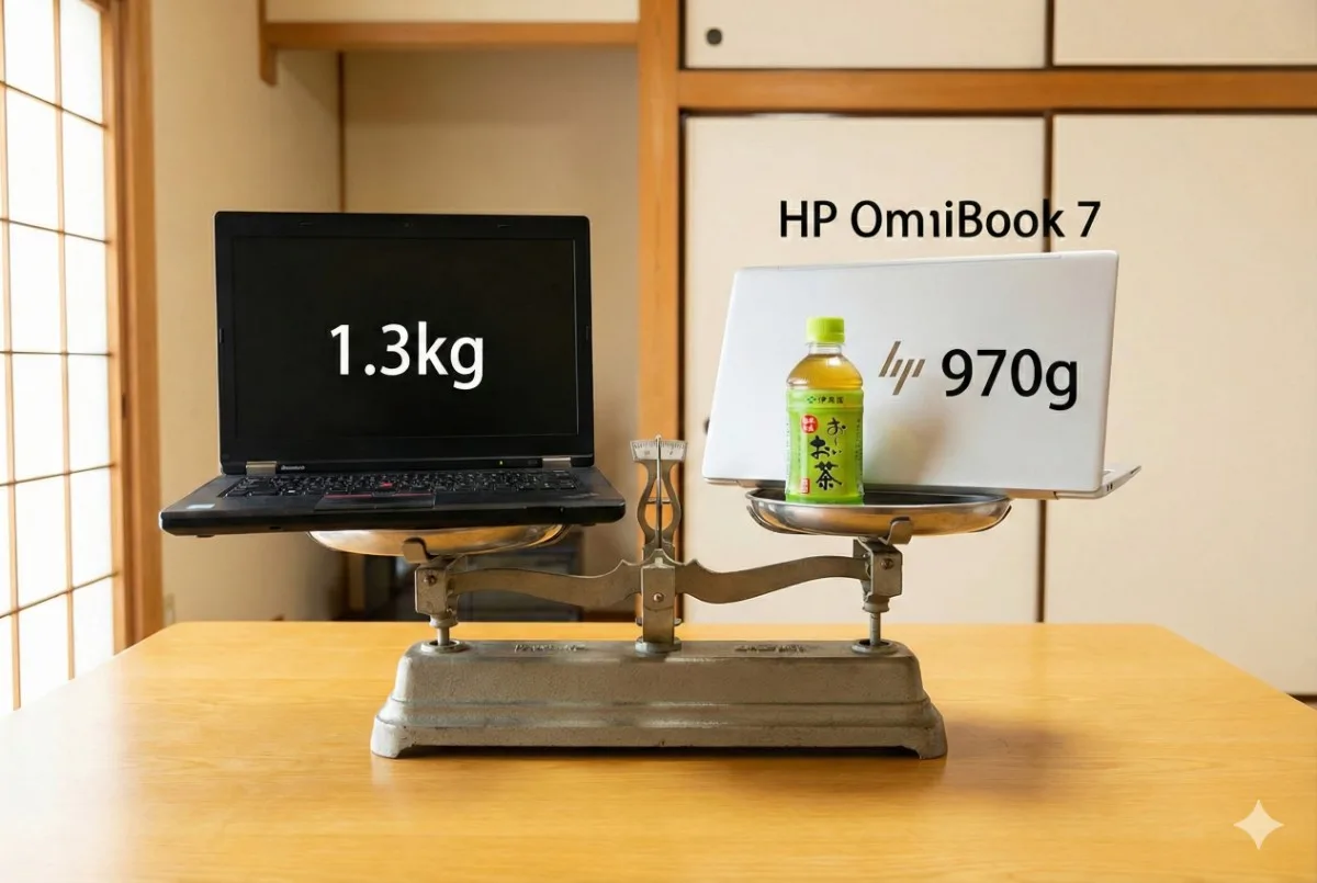 天秤を使った重量比較写真。左側は「1.3kg」と表示された標準的な黒いノートPCが重く沈み、右側は「970g」のHP OmniBook 7とペットボトルのお茶が軽く浮き上がっている。
