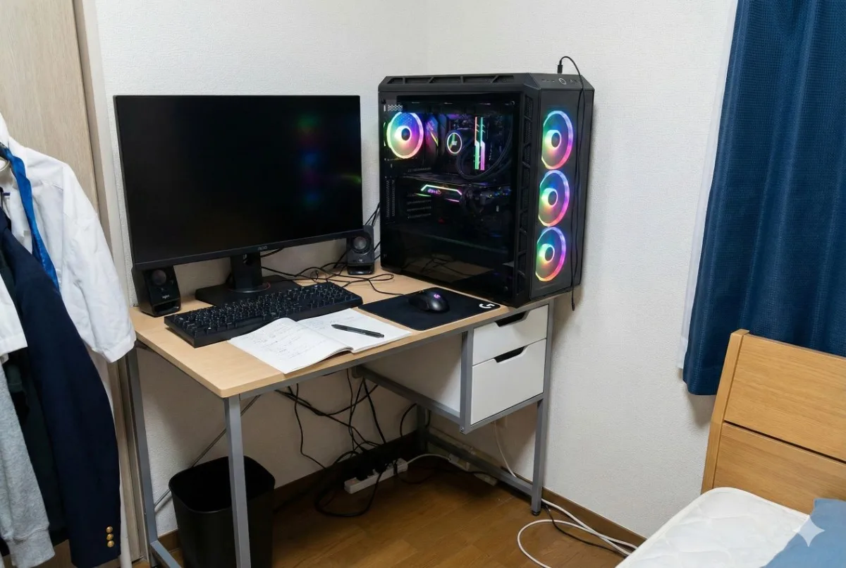 狭い中学生の勉強机が巨大なタワー型ゲーミングPCとモニターに占領され、教科書やノートを広げるスペースが全くない様子。