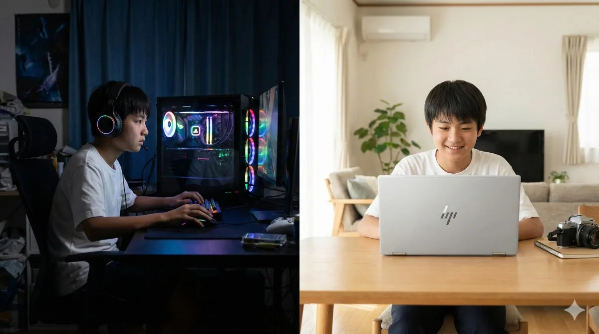 暗い部屋でゲーミングPCに没頭する中学生（ゲーム消費）と、明るいリビングでノートPC（背面からHPロゴが見える）を使い動画編集をする中学生（クリエイティブ生産）の対比写真。