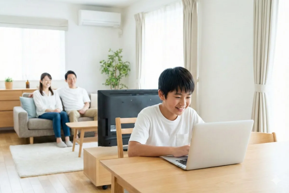 明るいリビングで、両親がソファでくつろぐ中、中学生の息子がダイニングテーブルで笑顔でノートPCを使っている、家族団らんの様子。