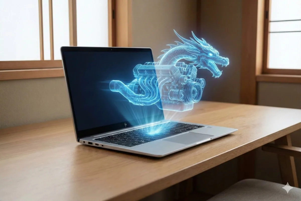 和モダンな部屋のデスクに置かれた薄型ノートPCのキーボードから、青く光るドラゴンのエンジンホログラムが浮かび上がり、隠れた高性能を象徴しているイメージ写真。
