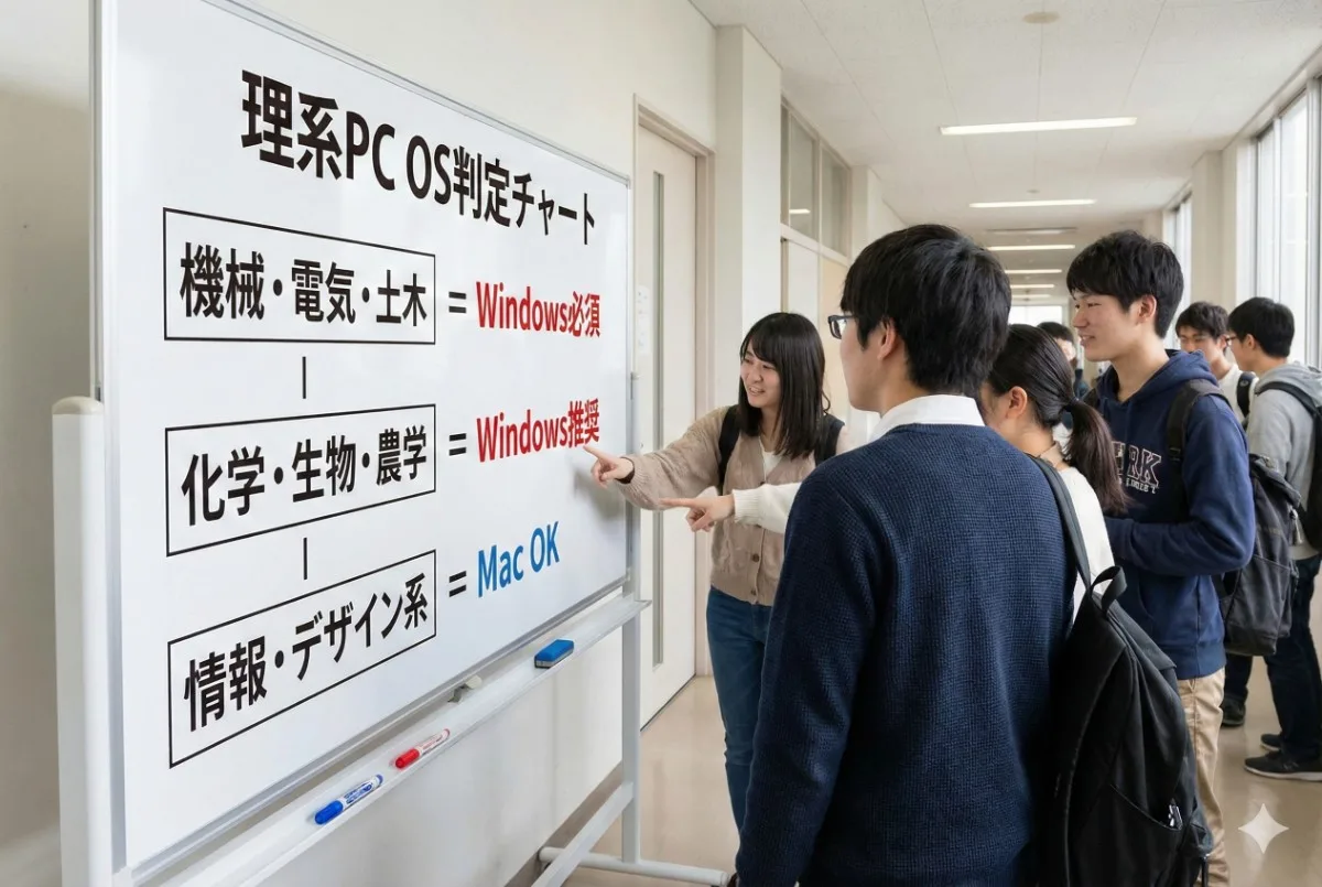 大学の廊下で、「理系PC OS判定チャート」と書かれたホワイトボードを見ながら相談している大学生たちの様子。「機械・電気・土木=Windows必須」などの判定基準が示されている。