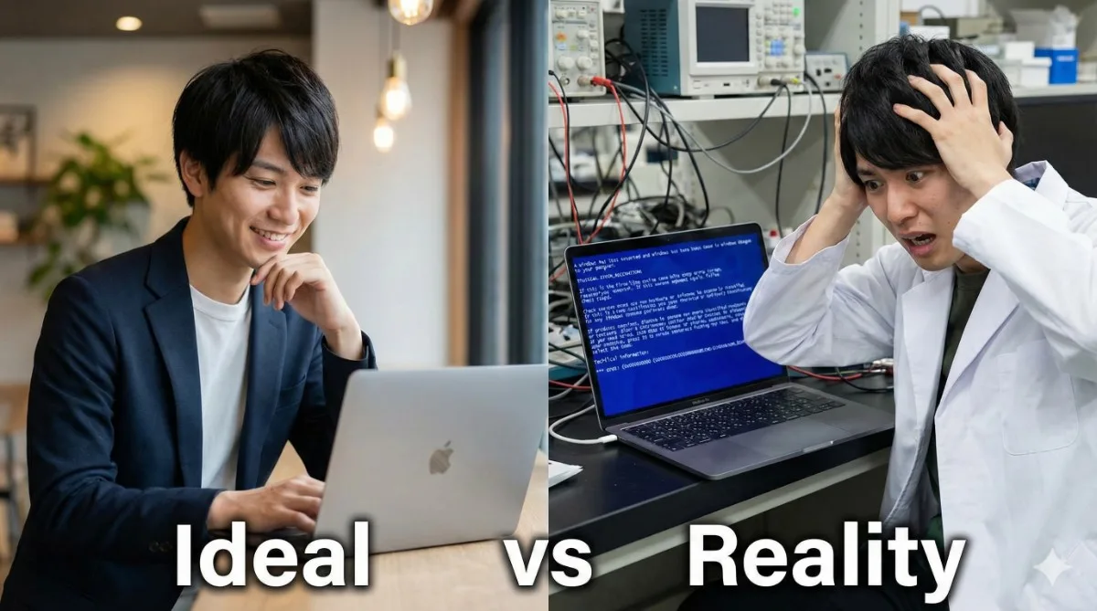 理系大学生のパソコン選びにおける「理想と現実」の比較写真。左側はカフェでMacBookを使いこなす理想の姿、右側は研究室でMacBook上のWindowsエラー（ブルースクリーン）に頭を抱える現実の姿。