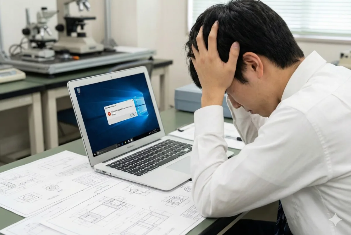 大学の研究室で、図面が広げられたデスクの上で、MacBookの画面に表示されたWindowsのエラーメッセージを見て頭を抱える理系男子学生。