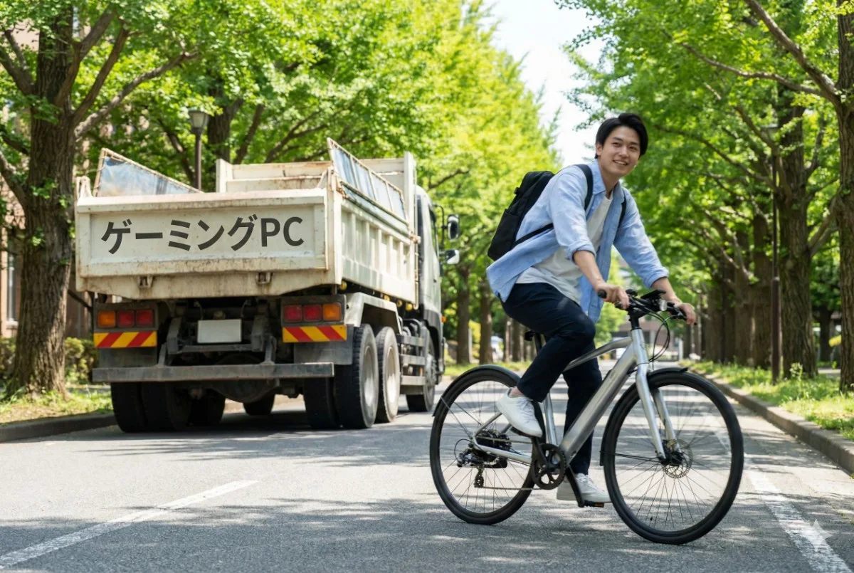 大学のキャンパスで、「ゲーミングPC」と書かれた重いダンプカーを、軽快な電動アシスト自転車に乗った学生が追い抜いていく様子を描いたコンセプト写真。
