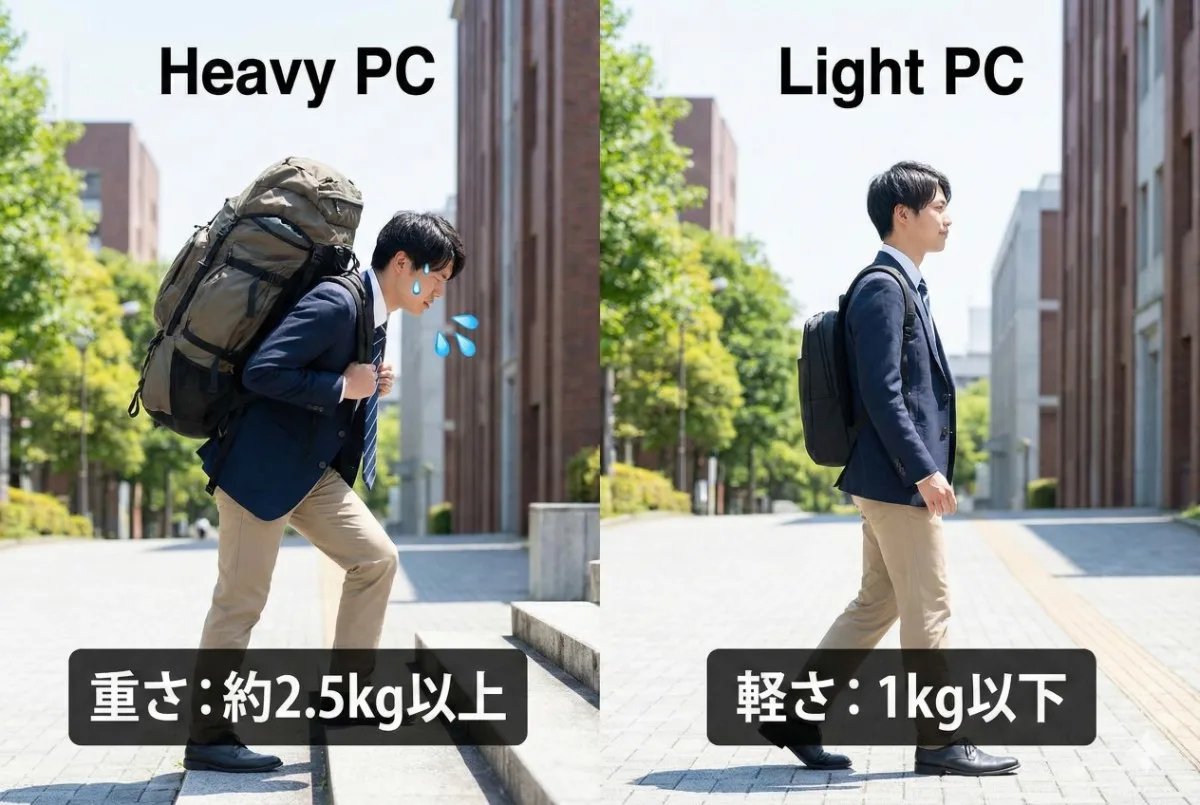 重いゲーミングPCが入ったリュックを背負い、汗をかいて階段を上る学生と、軽いノートPCで軽快に歩く学生の比較写真。具体的な重量の目安を表示。