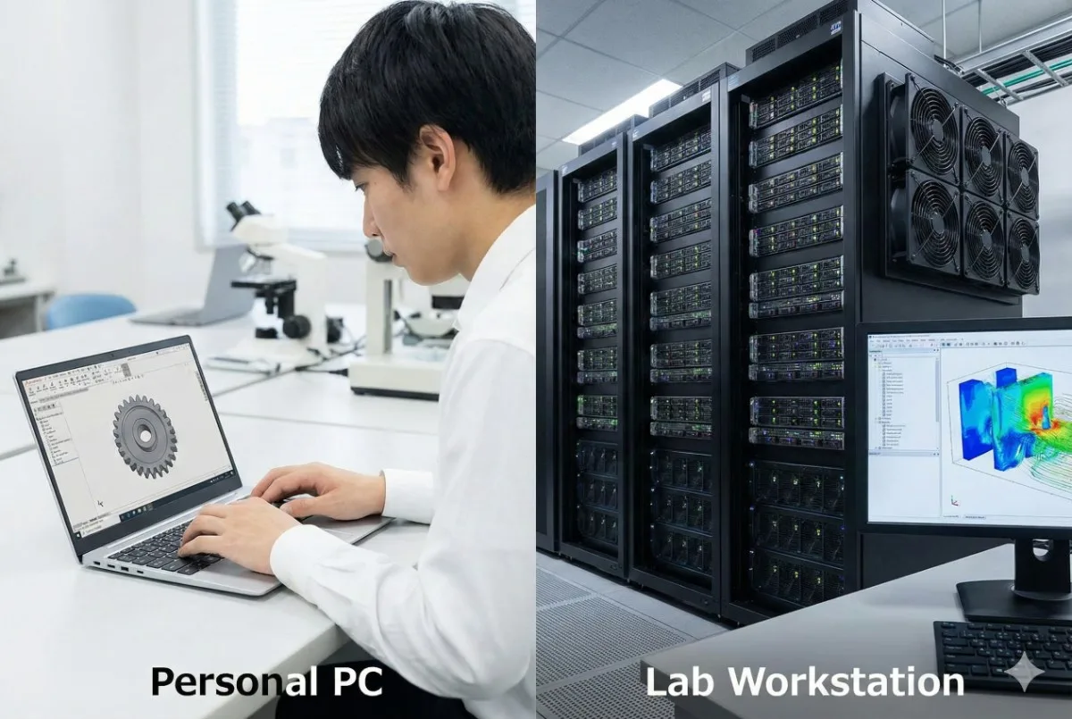 個人用ノートPCで単純な3Dモデルを表示する学生と、研究室の巨大なワークステーションで複雑なシミュレーション解析を行う様子の比較写真。GPU性能の必要性の違いを可視化。