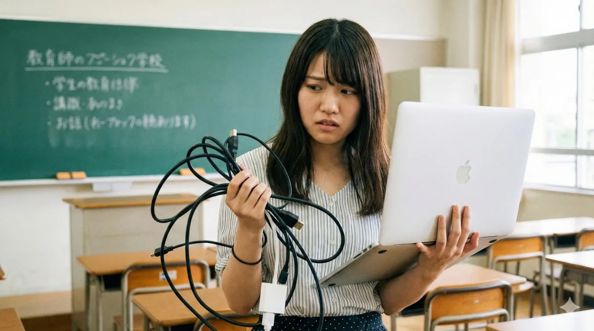 教育学部の教室で、MacBookと絡まったプロジェクターケーブル、変換アダプタを持って困惑している女子大学生の様子。