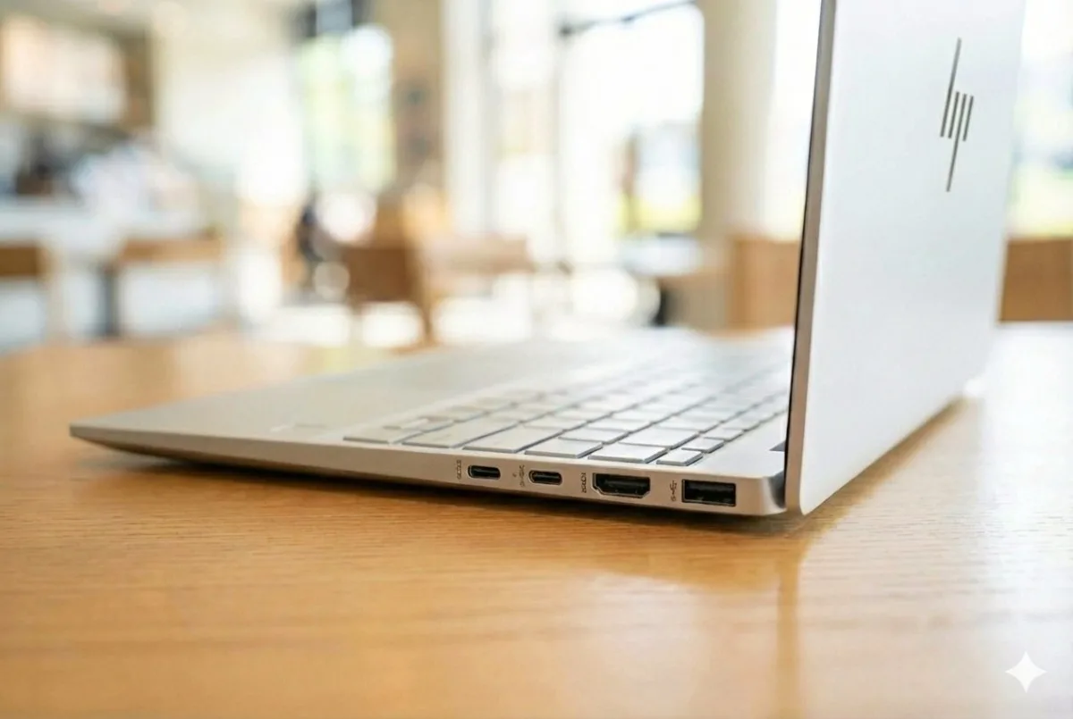 HP OmniBook 7 Aero 13の側面のクローズアップ写真。内蔵されたHDMIポートとUSB-Aポートなどがはっきりと見える。