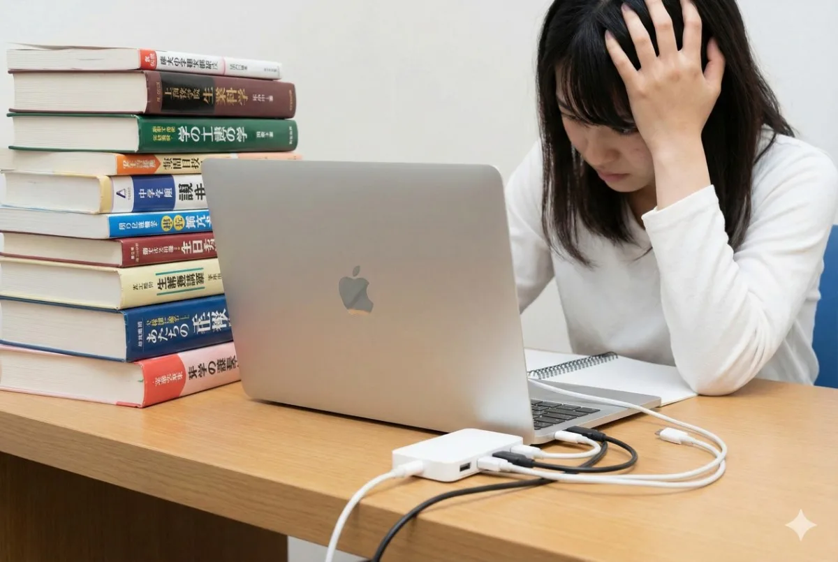 山積みの教科書と、変換ハブでごちゃごちゃしたMacBookの前で頭を抱えてストレスを感じている女子大学生。