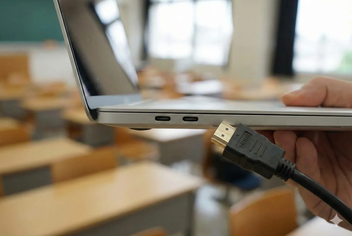 MacBookの側面にHDMIケーブルを直接挿そうとしているが、ポートが合わずに接続できない様子を捉えたクローズアップ写真。