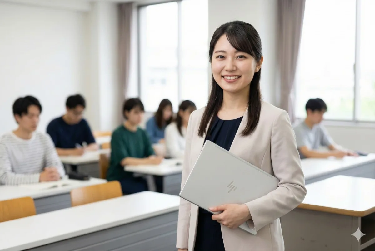 模擬授業の教壇で、軽量なHP OmniBookを片手で持ち、自信に満ちた笑顔を見せる若い女性教師（教育実習生）。