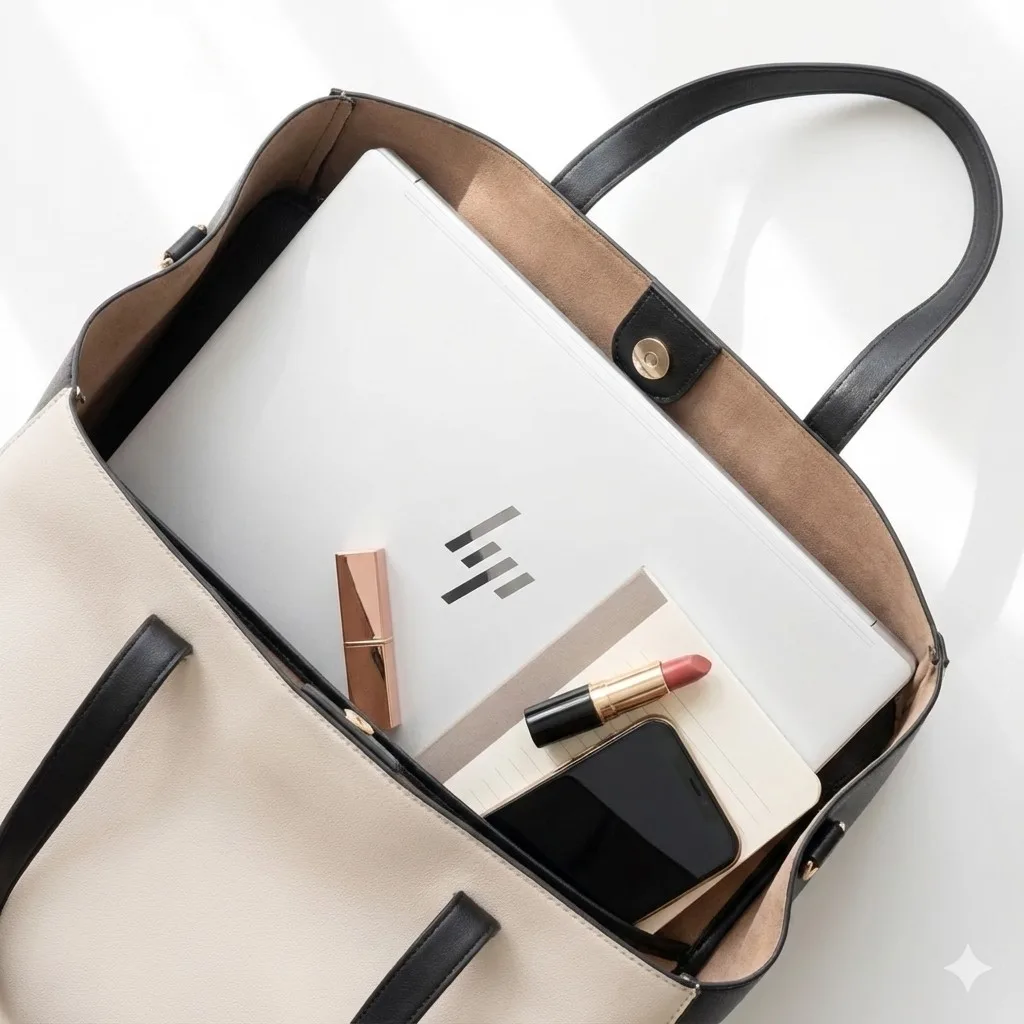 おしゃれなトートバッグの中身の真上からの写真。4本線ロゴの白いHP OmniBook、リップ、手帳、スマホがすっきりと整理されて収納されている。