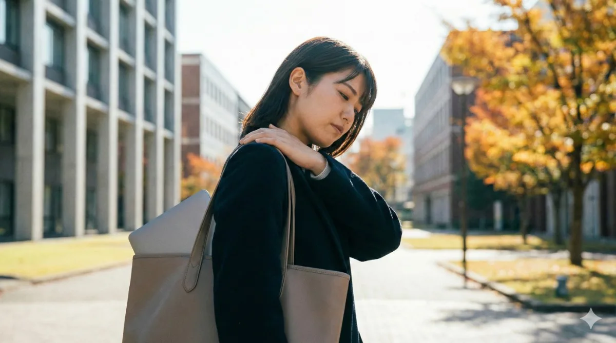重いパソコンが入ったトートバッグで肩が凝り、疲れた表情で美しい秋のキャンパスを歩く日本人女子大生。