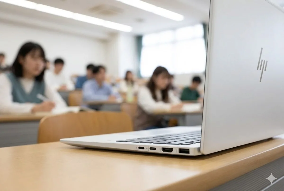 日本の大学の講義室の机に置かれた、4本線ロゴの白いHP OmniBookの側面のクローズアップ。薄い白いボディに、左からUSB-C×2、HDMI、USB-Aポートが搭載されており、変換アダプタが不要なことがわかる。