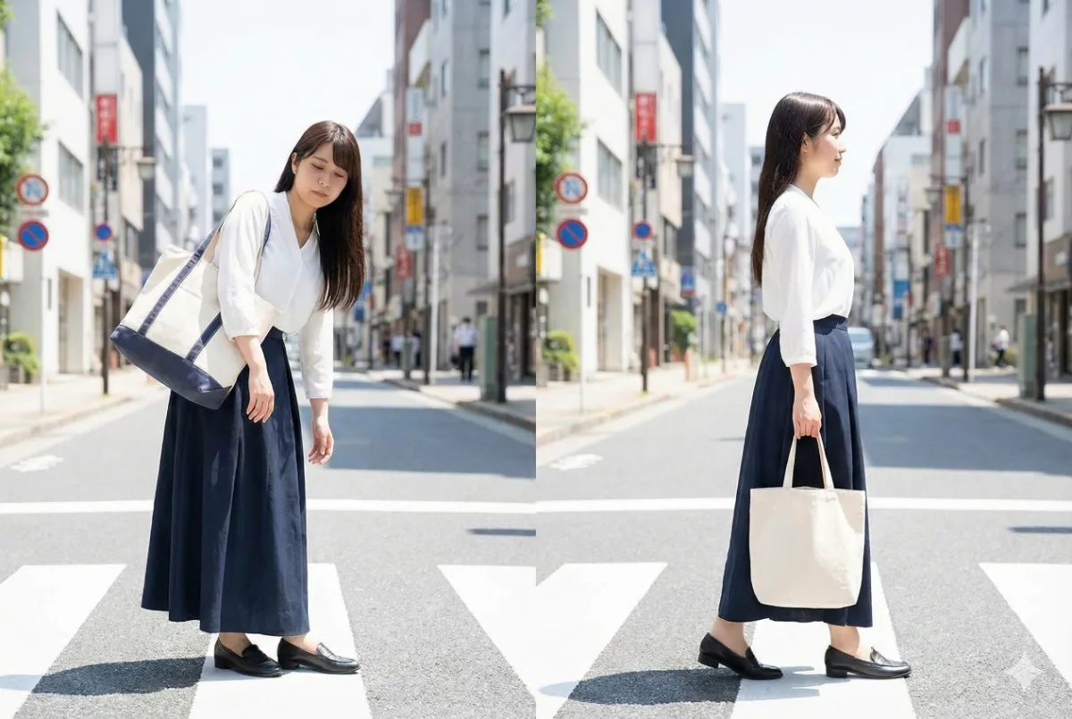 重いバッグで姿勢が崩れ、傾いて歩く女子大生（左）と、軽いバッグで背筋を伸ばして美しく歩く同じ女子大生（右）の比較写真。