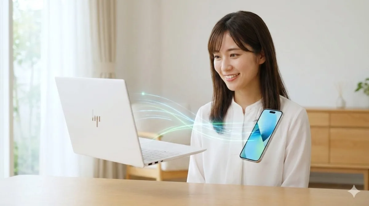 明るいリビングで、HP OmniBook 7とiPhoneがワイヤレスでデータ連携している様子を見つめる日本人女性。