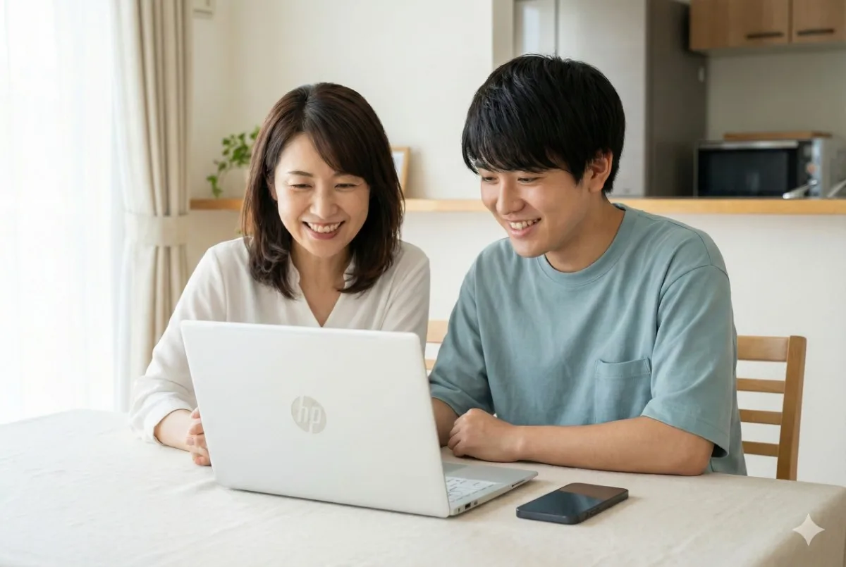 リビングのテーブルでHP OmniBook 7の画面を笑顔で見つめる日本の母親と大学生の息子。手元にはiPhoneがある。
