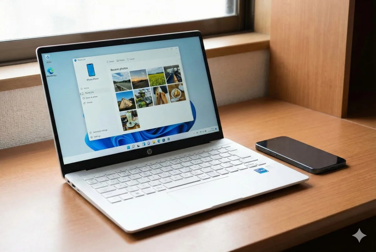 HP OmniBook 7の画面にWindowsの「スマートフォン連携」アプリが表示され、iPhoneの写真が同期されている様子。