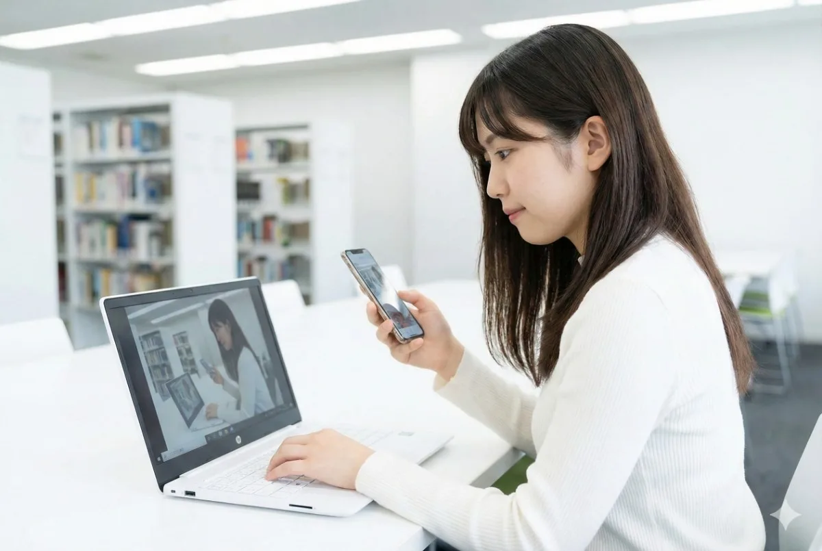 大学の図書館で、iPhoneの画面をHP OmniBook 7にミラーリングしながら操作する日本人女子大学生。