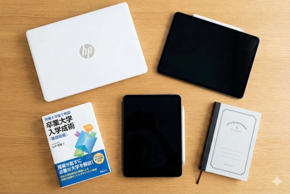 HP OmniBook 7、iPadとApple Pencil、大学受験の参考書、ノートが並べられた机の上の俯瞰写真。