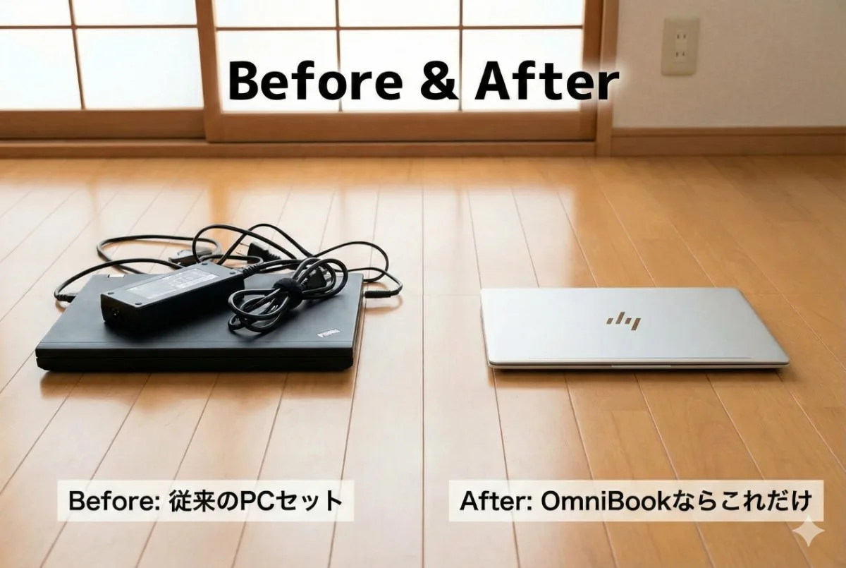 日本の部屋の床でのビフォーアフター比較。「After: OmniBookならこれだけ」側の銀色のノートパソコンの天板に、HPの4本線のロゴが確認できる。
