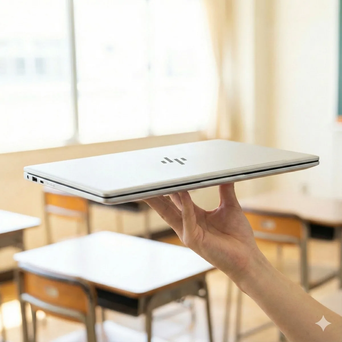 明るい教室の中で、指先だけで軽々と持ち上げられている銀色のHP OmniBookノートパソコン。天板にはHPの4本線のロゴが確認できる。