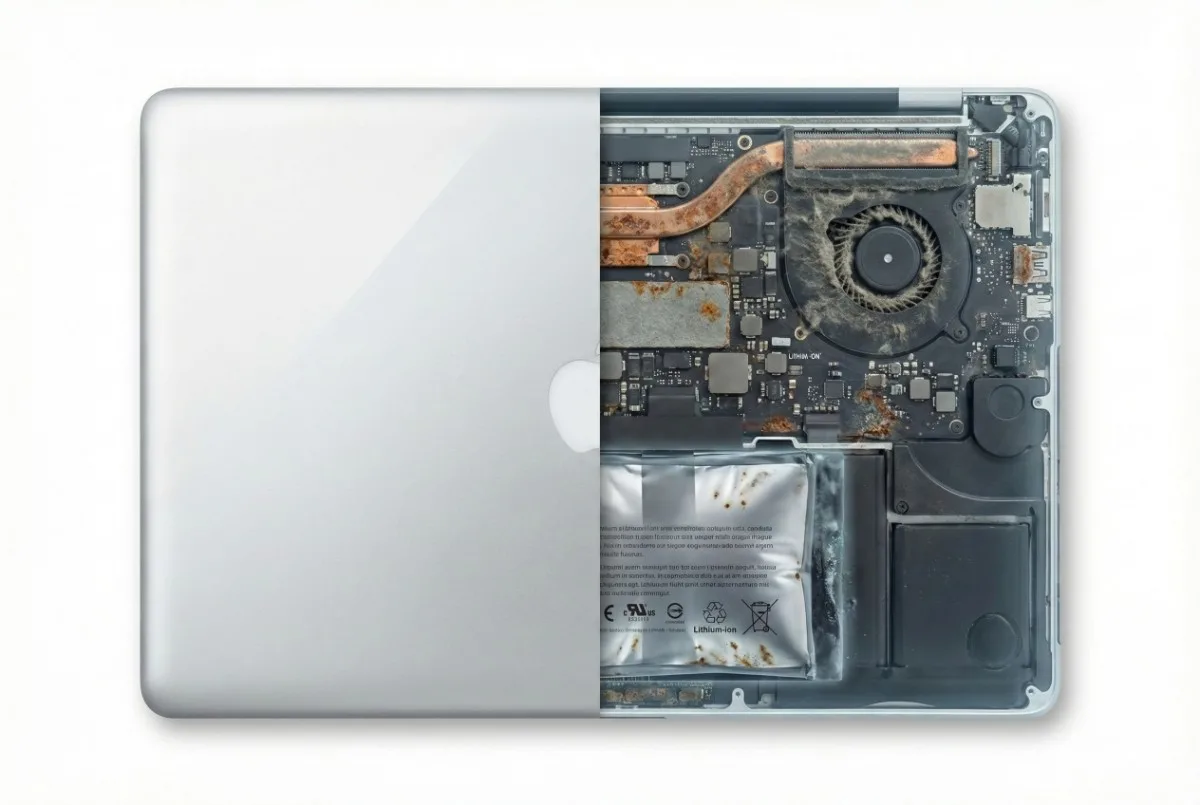外観は綺麗なシルバーのノートPCのカットモデル。内部は埃が詰まったファン、錆びた基盤、膨張したバッテリーなど、深刻な劣化状態が露呈している。