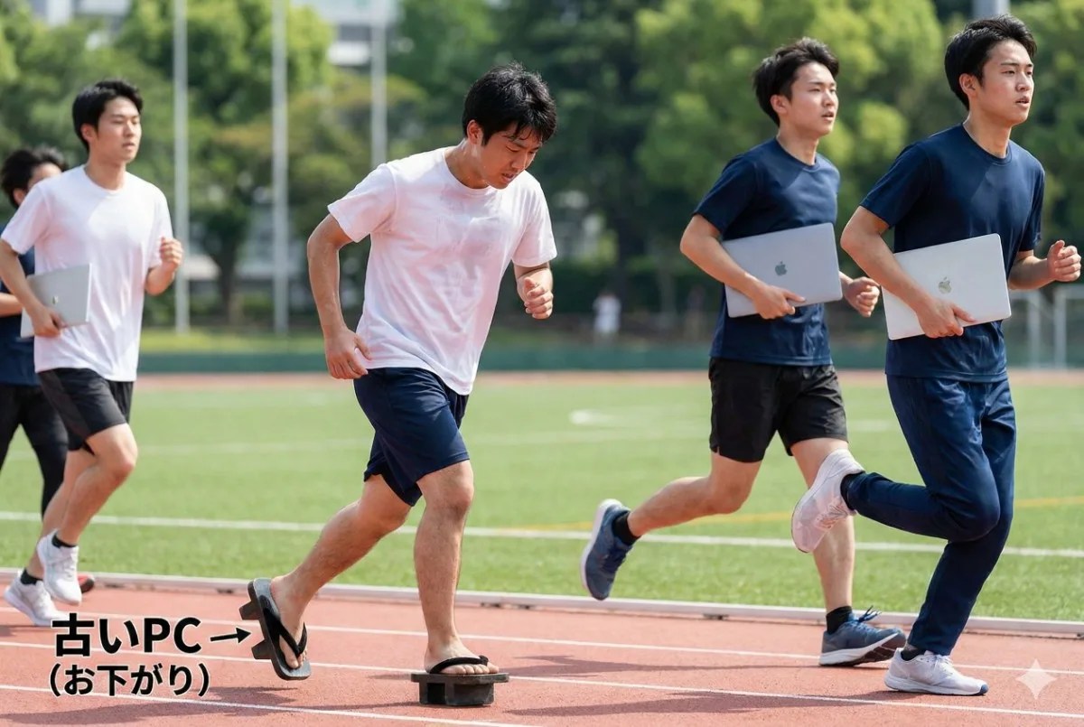 大学のマラソン大会で、最新のMacBookを持って軽快に走る学生たちの中、「古いPC（お下がり）」と書かれた重い鉄下駄を履いて苦戦する一人の男子学生。