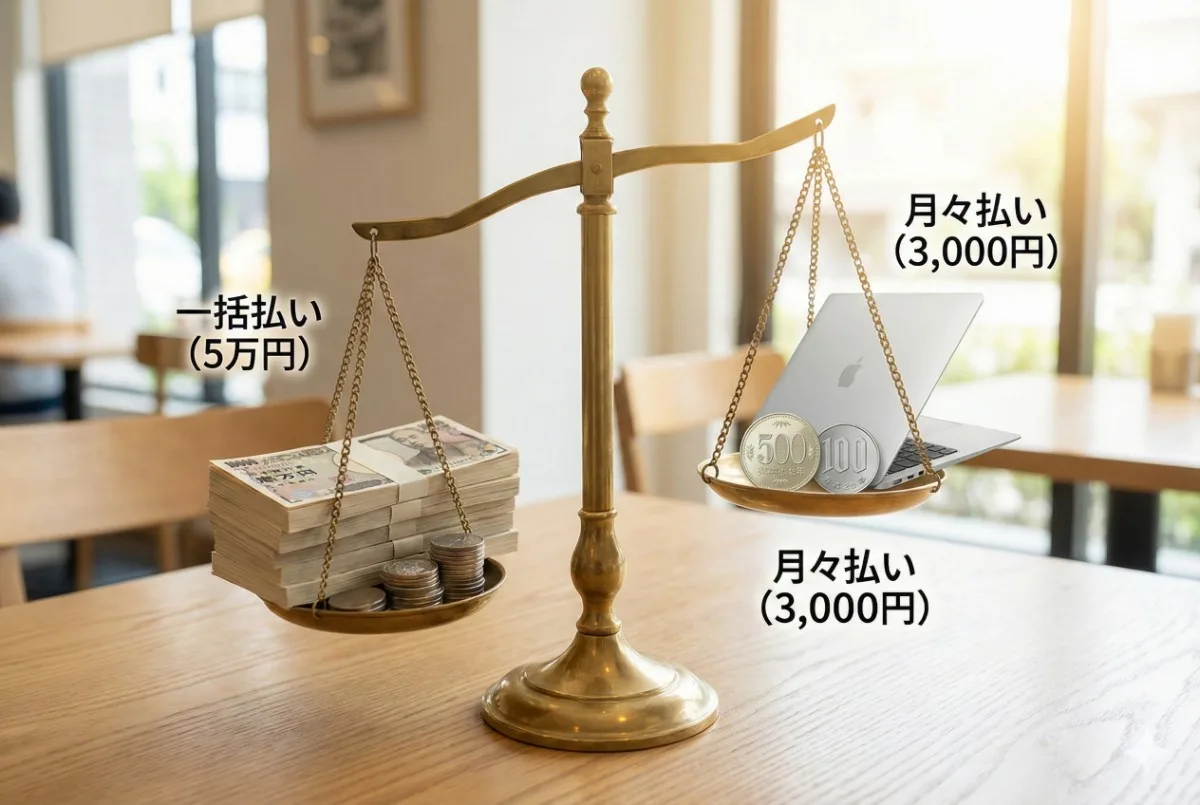 明るいカフェのテーブルに置かれた天秤。左側には「一括払い（5万円）」の重い札束が沈み、右側には「月々払い（3,000円）」の軽い硬貨と新品のMacBookが浮いている。