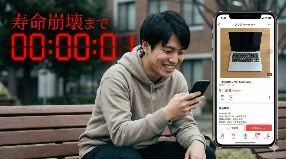 大学のキャンパスで、フリマアプリの安い中古MacBookを見て笑顔の男子学生。その背後には「寿命崩壊まで 00:00:01」という赤いデジタルカウントダウンが表示されている。
