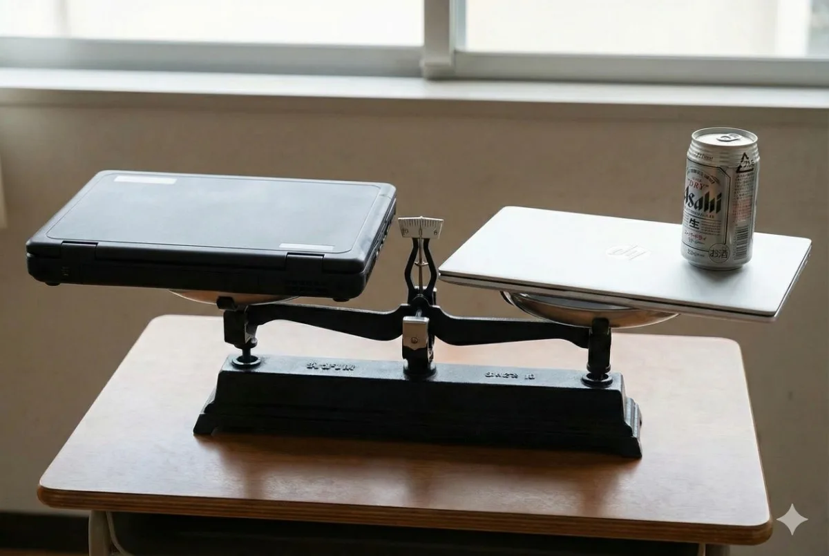 天秤の左側に古い学校用PCと350ml缶、右側にHP OmniBook 7 Aero 13が乗っており、OmniBook側が軽いことを示す写真。