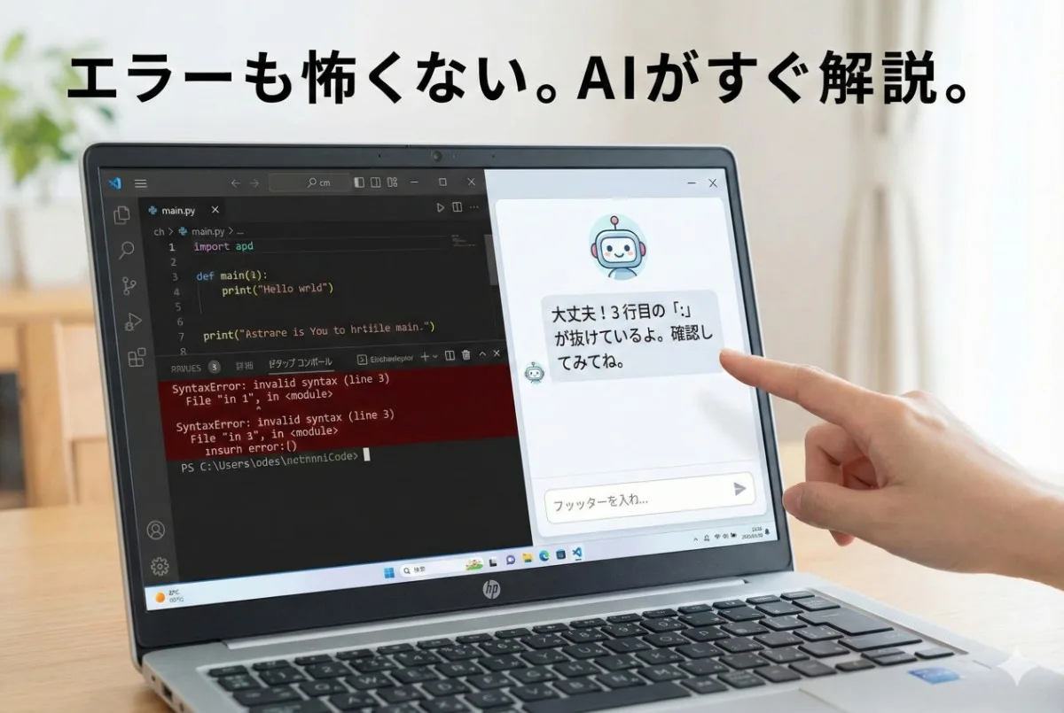 年間20万の教室より、AI搭載PC。天秤で、高額なプログラミング教室の月謝の束よりも、AI搭載のHP OmniBookの方が賢い選択であることを示す比較画像。